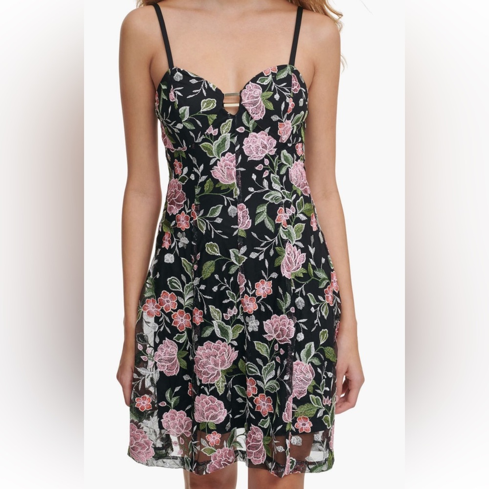 Guess || floral embroidered mesh fit & flare dress
